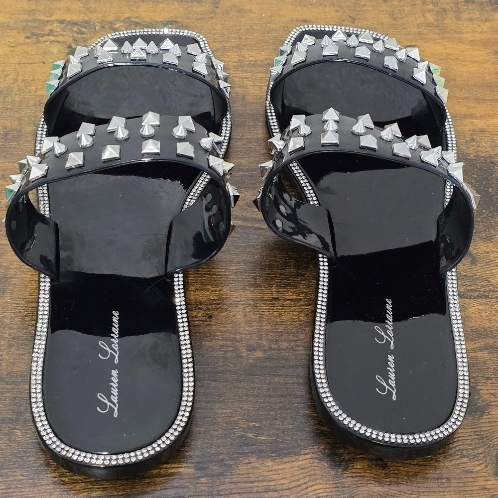 Lauren Lorraine Studley Black Stud Rhinestone Jelly Slide Sandals Size 11 - Picture 5 of 8